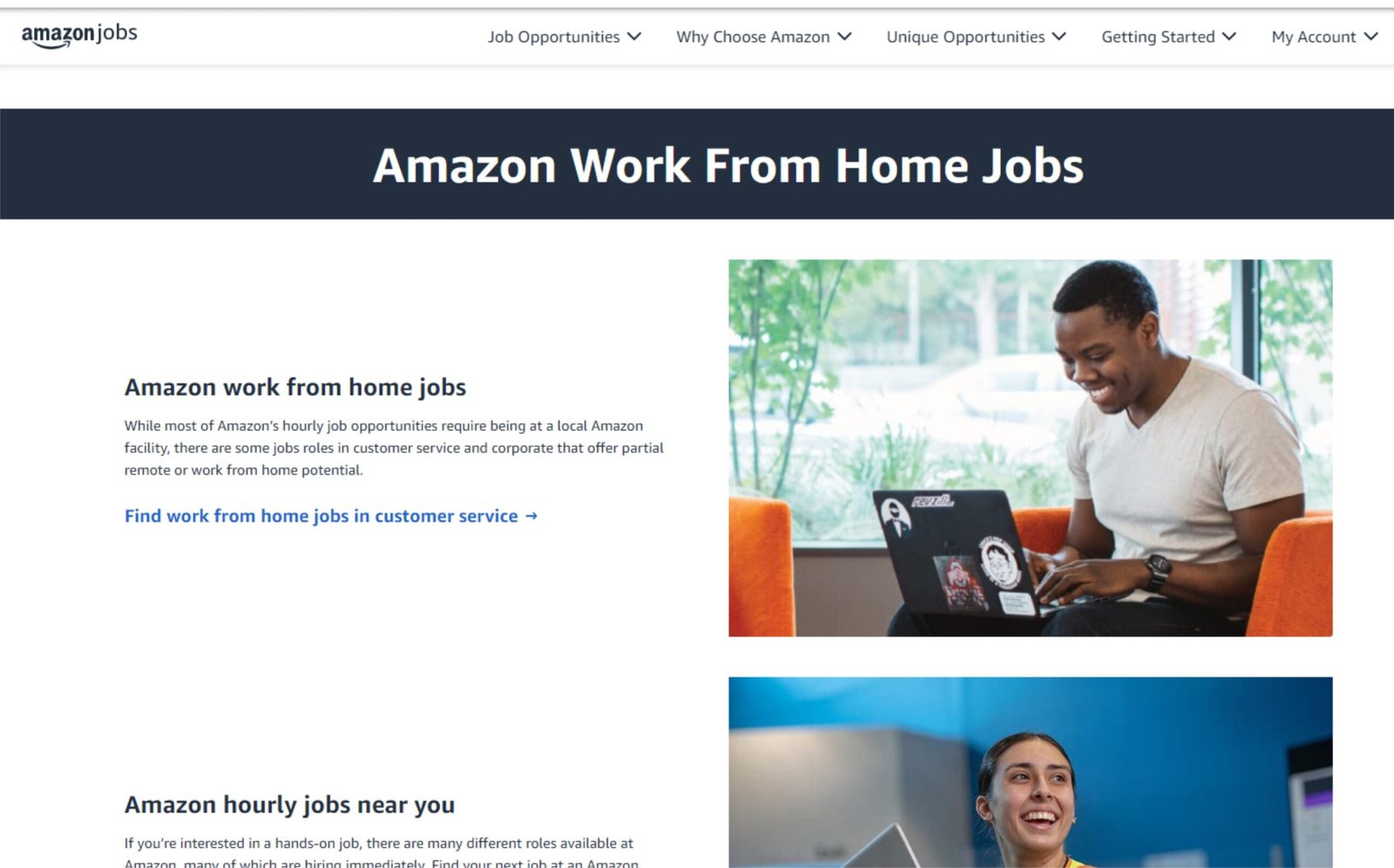 Amazon Remote Jobs: A landing page of Amazon showing different work from home jobs