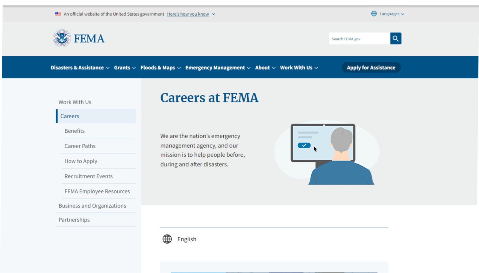 FEMA Remote Jobs: A picture showing FEMA landing page for career paths for remote jobs.