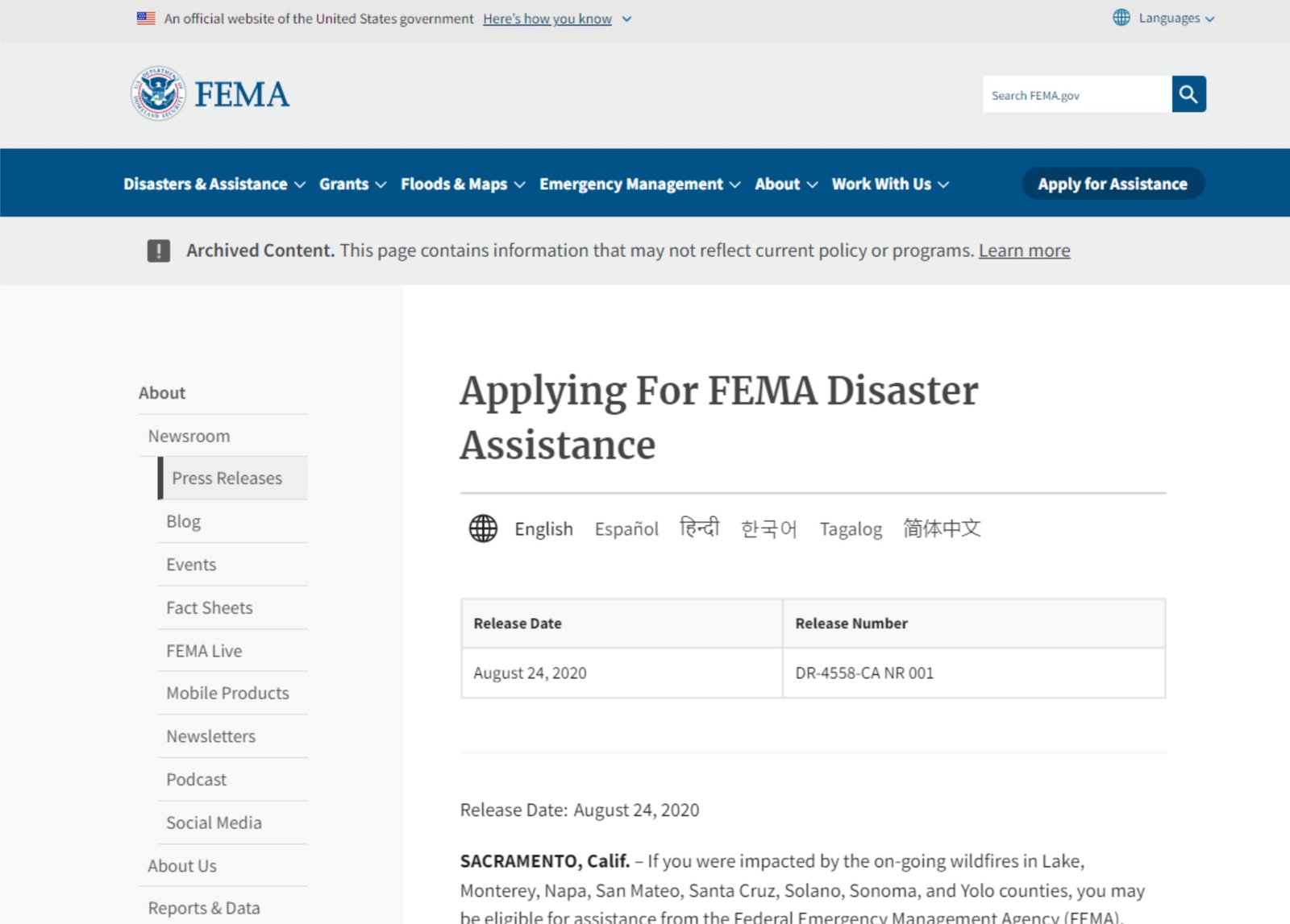 FEMA Remote Jobs: A picture showing landing page of FEMA official website for Disaster Assistance application