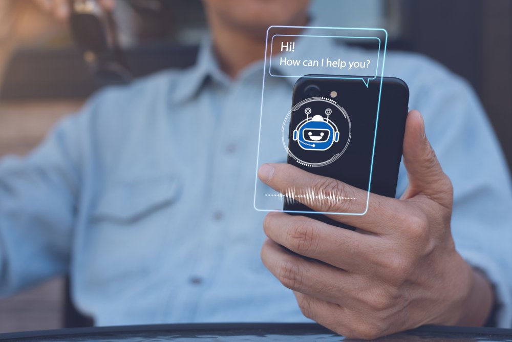 Remote customer service: Chatbot assistant conversation, Ai Artificial Intelligence technology concept. Casual man relax chatting with chatbot via mobile smart phone application with speech bubble on virtual screen
