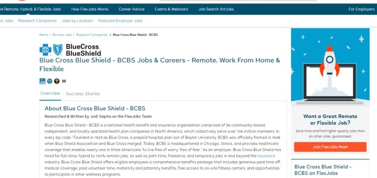 Blue Cross Blue Shield Remote Jobs: A picture showing landing page of BCBS on flex job site