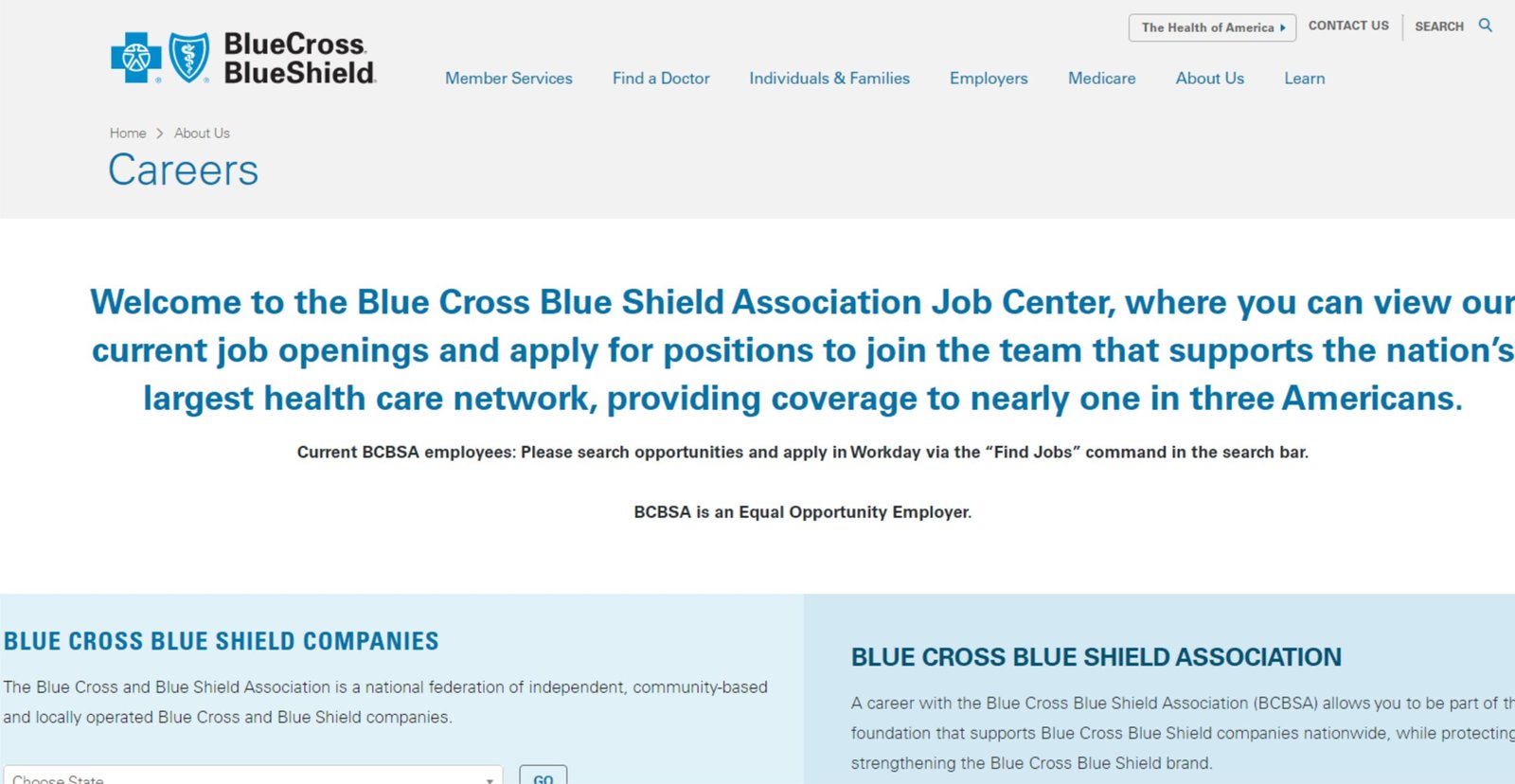 Blue Cross Blue Shield Remote Jobs: A picture showing landing page of BCBS for careers.