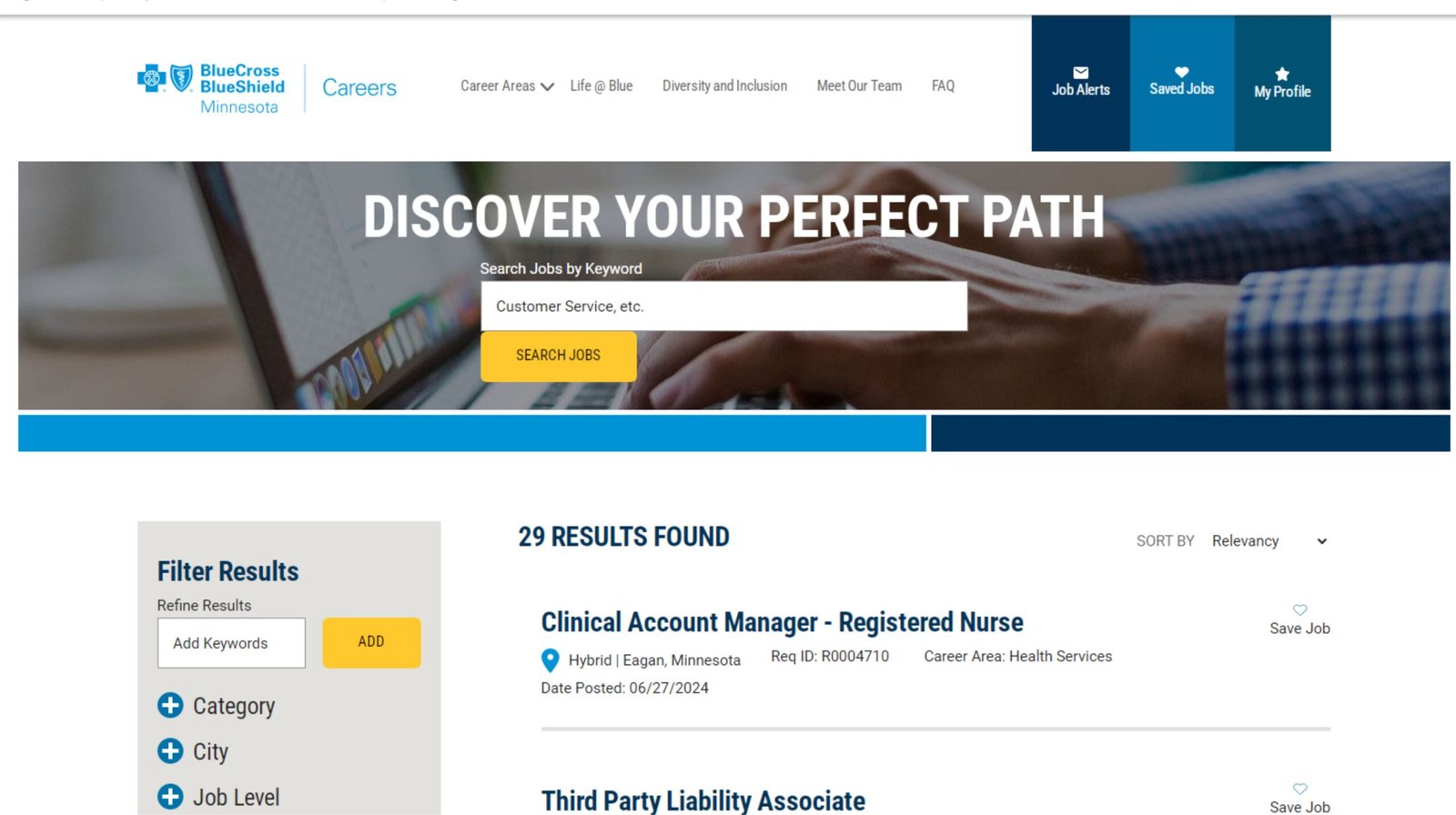 Blue Cross Blue Shield Remote Jobs: A picture showing landing page of BCBS to find remote jobs.