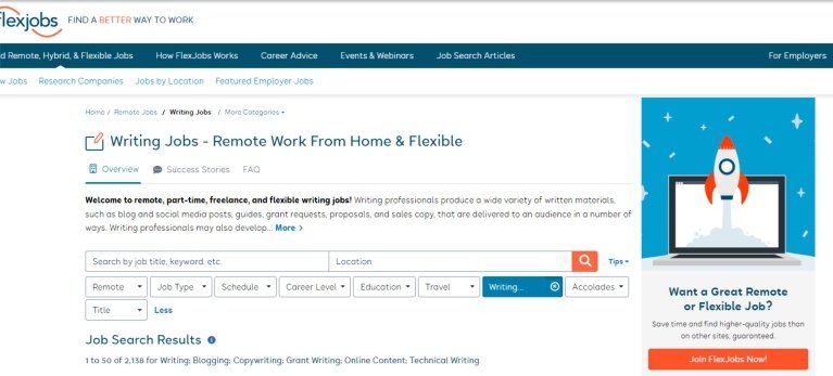 Work from Home Jobs for Women: flexjob landing page for remote content writers