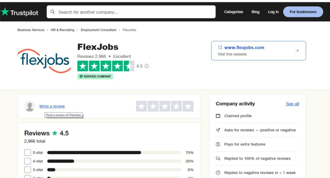 Flexjob review: A picture of flex job review on trust pilot