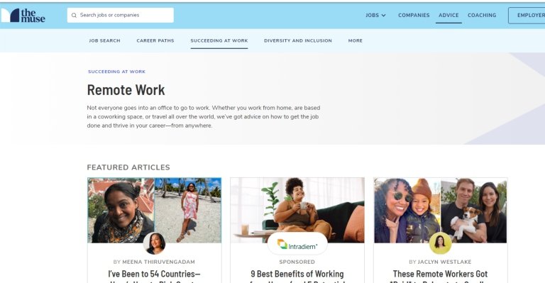 Work from Home Jobs Hiring: A picture showing landing page The Muse for work from home job listings and expert advice.