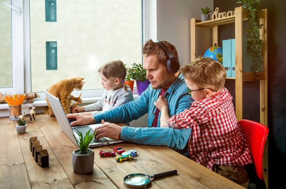Work from Home Productivity: A father working from home with his children