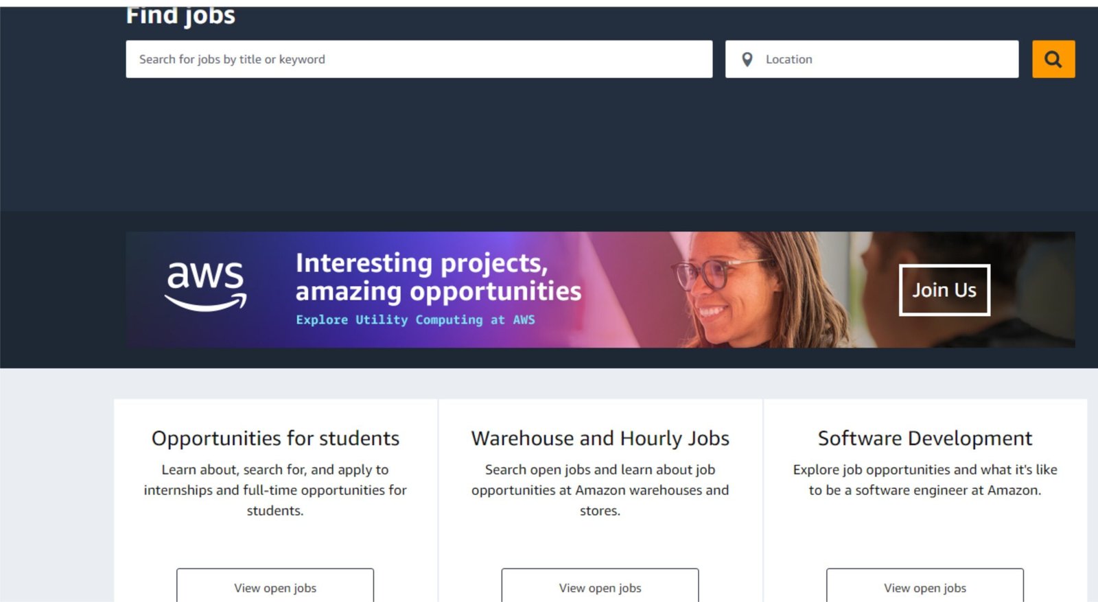 Amazon Remote Jobs: A picture showing landing page of Amazon websites for career development.